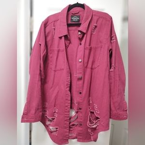 Raspberry Distressed Denim Jacket